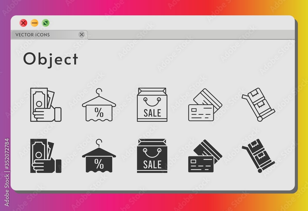 object icon set. included shopping bag, money, towel, credit card, trolley icons on white background. linear, filled styles.