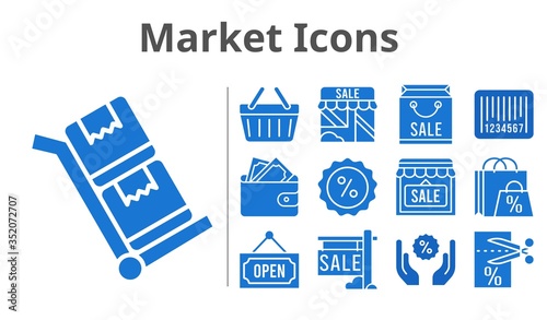 market icons set. included shopping bag, sale, shop, wallet, voucher, discount, shopping-basket, barcode, open, trolley icons. filled styles.