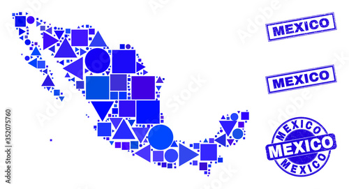 Vector mosaic Mexico map. Geographic scheme in blue color tints, and textured round and rectangle stamp seals. Abstract composition of Mexico map done of round, tringle, square geometric items.