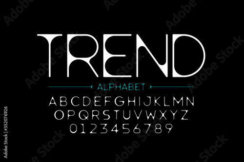 Thin modern style font, alphabet letters and numerals