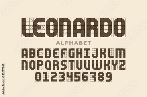 Modern font design based on certain guidelines, alphabet letters and numerals