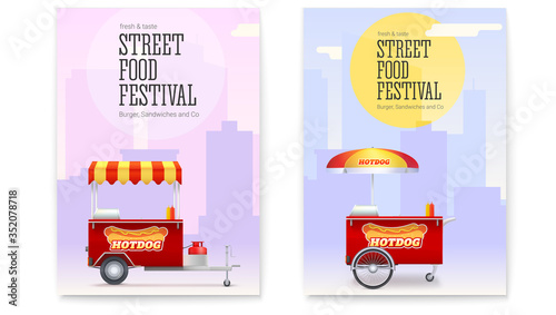 Set of posters with red fast food cart on backdrop of big city. Templates for street food festival. Vehicles with hot dog logo for street market, festival advertising. Vector 3d illustration