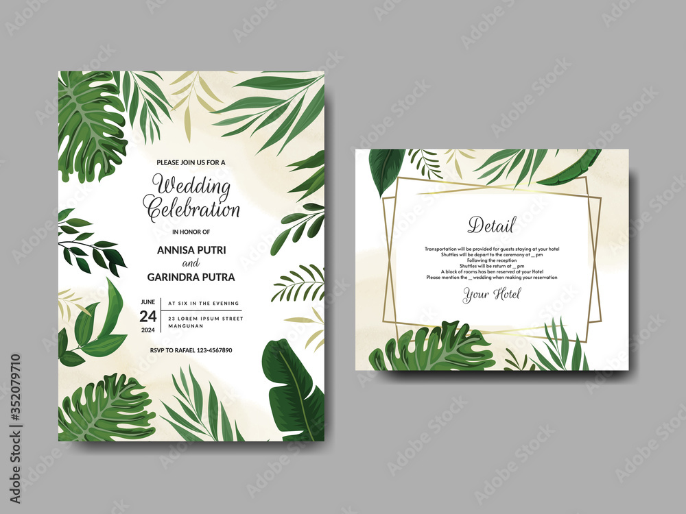 Elegant Wedding Invitation Card Template With Beautiful tropical  Leaves premium vektor