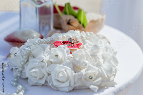 Wedding rings close up decorated nautical with accessories for tropical caribbean outdoor wedding ceremony on the sandy beach in Dominican republic  Punta Cana