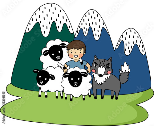 Vector of flat doodle character design illustration of the shepherd boy and the wolf in the natural field and mountain