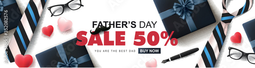 Happy Fathers Day Sale 50% off banner with gift for dad on white background.Promotion and shopping template for Father's Day.Vector illustration.