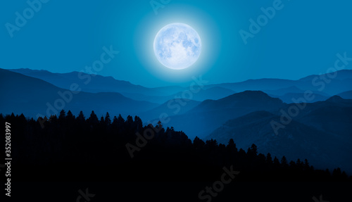 Fototapeta Naklejka Na Ścianę i Meble -  Night sky with full moon - Amazing landscape with Cascade blue mountains at twilight blue hour  
