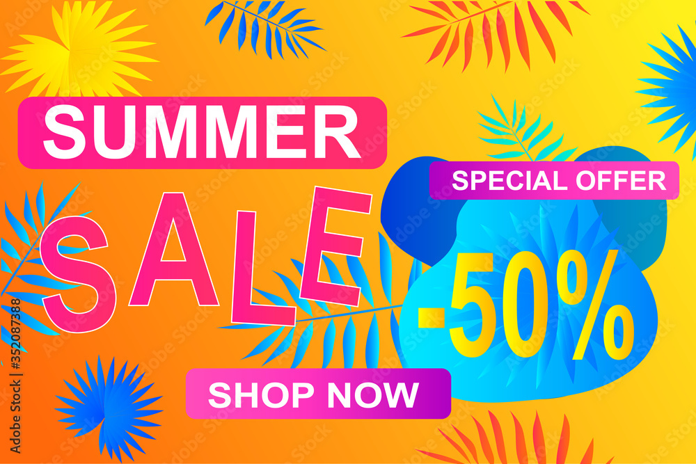 Summer sale banner, poster with discount for hot season banner with tropical leaves. Invitation for shopping with 50 percent price off, special offer card,template for design