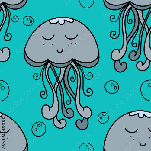 vector seamless pattern, cute jellyfish in water and air bubbles