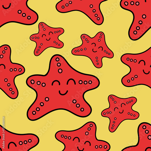 vector seamless pattern, cute red starfish on a yellow background
