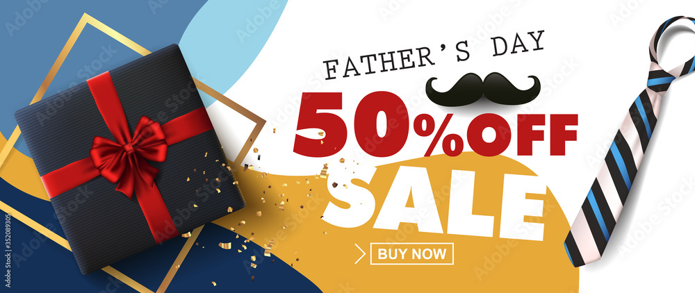 Happy Fathers Day Sale 50% off banner with gift for dad on white background.Promotion and shopping template for Father's Day.Vector illustration. - obrazy, fototapety, plakaty 