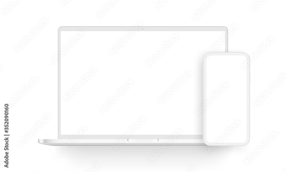 Clay laptop computer and mobile phone isolated on white background. Vector illustration - obrazy, fototapety, plakaty 