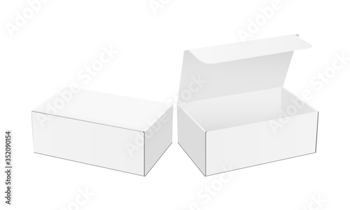 Blank packaging boxes mockups with opened and closed lid, isolated on white background. Vector illustration