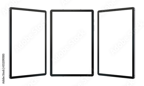 Black tablet computers mockups with blank screens isolated on white background. Vector illustration