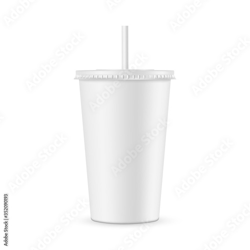 Paper soda cup with straw mockup isolated on white background. Vector illustration