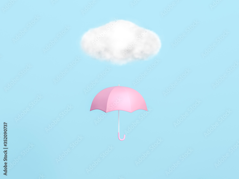 Pink umbrella under the cloud on sky pastel blue background 3d rendering. 3d illustration Rainy Season greeting card template minimal concept.