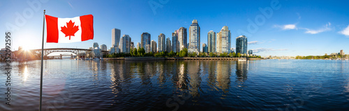 National Canadian Flag Composite. False Creek, Downtown Vancouver, British Columbia, Canada. Beautiful Panoramic View of Modern City during a sunny spring sunset. Cityscape Panorama