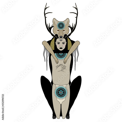 Native American mythology. Coyote trickster and shaman girl. Initiation ceremony. Original style art. Female and male archetypes. Isolated vector illustration. photo