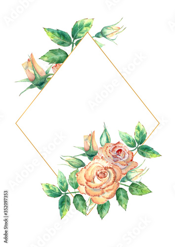 Gold geometric frame decorated with flowers. Peach roses, green leaves, open ...