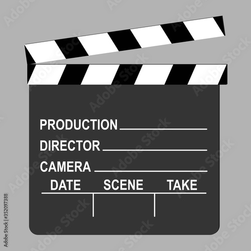 Clapperboard used in filmmaking with text, conceptual vector