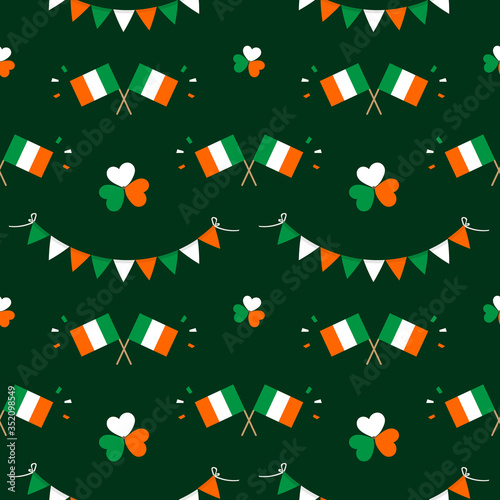 St Patricks Day national Ireland holiday seamless pattern background with irish flags  colorful clover leaves and garlands.