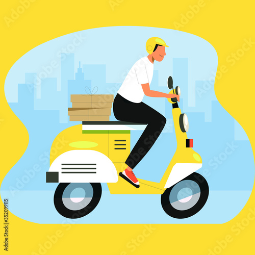 Online food delivery service , online order tracking, delivery home and office. Scooter delivery. Shipping. Man on the bike. Vector illustration