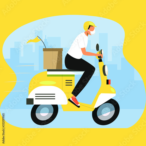 Online food delivery service , online order tracking, delivery home and office. Scooter delivery. Shipping. Man on the bike. Vector illustration