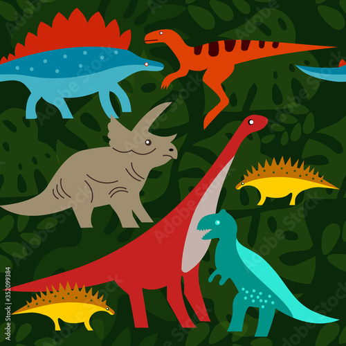 Dinosaurs on background of tropical leaves photo