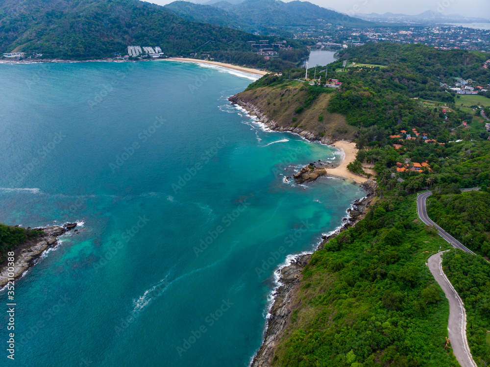 Aerial view of Promthep cape in Phuket Thailand during locked down policy due to Covid-19. Tourist destinations in Phuket are closed to public.