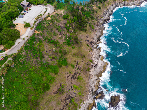 Obraz na płótnie Aerial view of Promthep cape in Phuket Thailand during locked down policy due to Covid-19. Tourist destinations in Phuket are closed to public. w salonie