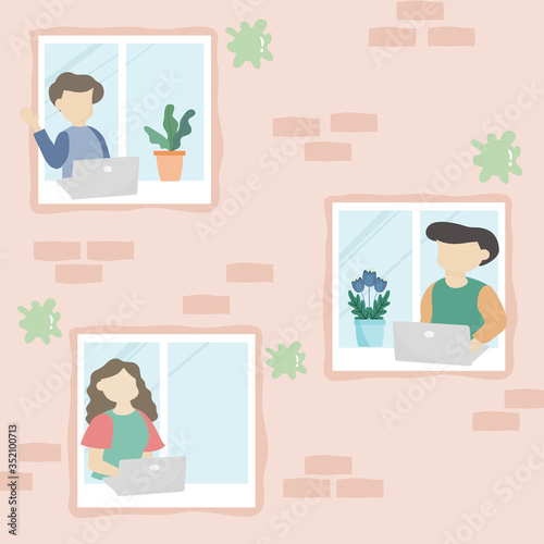 Stay home concept. People are quarantined or segregated in their homes to reduce the spread of the covid virus. House facade with windows. Vector flat design illustration.