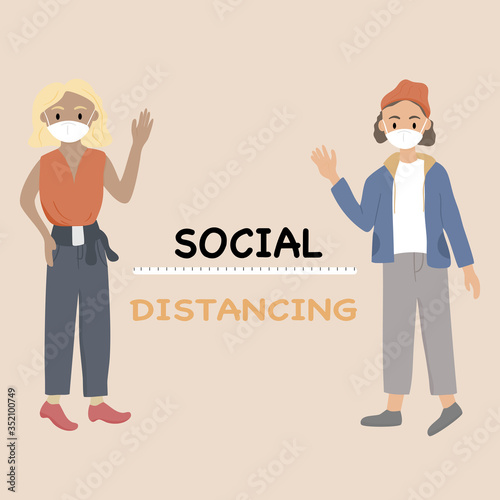 Social distancing concept - Women and men stood apart to greet each other to prevent the spread of the Covid-19 virus. Vector illustration in a flat style.