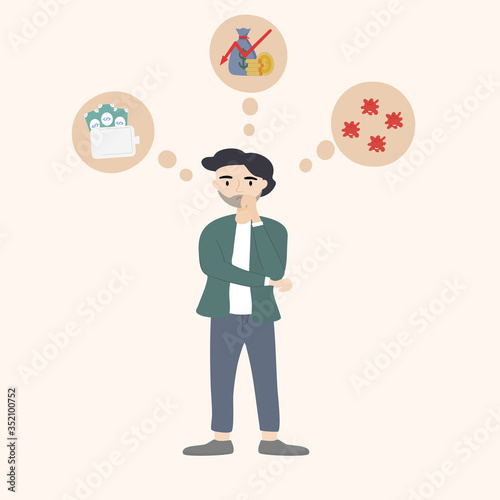 Concept of stress, tension and migraine. Young man was pondering the failed and business stress of the deteriorating economic conditions. Unhappy young man with the external conditions of the economy.