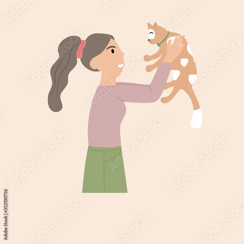 Pet owner isolated on Soft tone background. woman holds the cute cat in the chest warmly.  Portrait of happy pet owner. Vector illustration in a flat style.