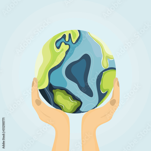 Earth Day. Renewable energy for ecology and environment conservation concept. Close up hand that is embracing the beautiful world with care. Flat design.Vector illustration.