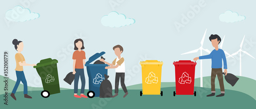 Eco-friendly and World Environment Day. Group of people are helping to protect the environment by properly throwing out plastic waste, glass bottles, food waste and paper Bio technology.