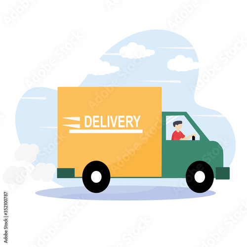 Modern online delivery service concept - Order products online that are fast and safe from pollution outside the home. Express free delivery from the warehouse by truck, Home and office.