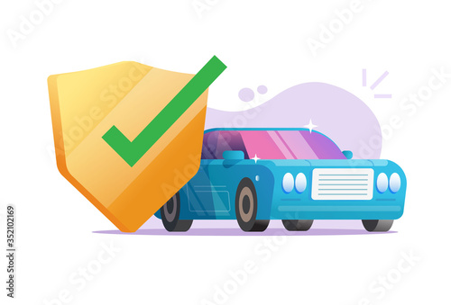 Car insured security safety or automobile protected with secure shield vector flat cartoon illustration, vehicle or auto safeguard assistance concept with check mark, defence guarantee modern image