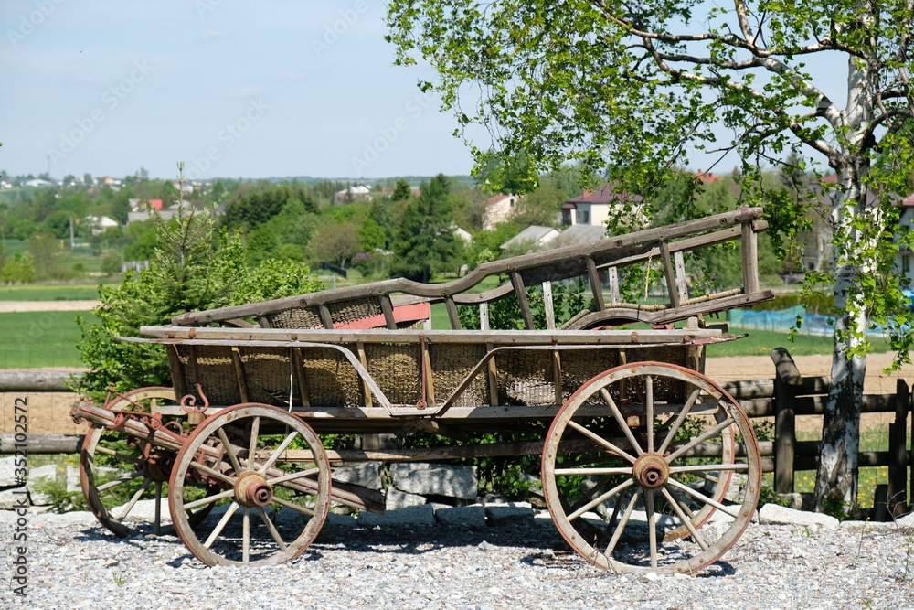 An old wooden wagon stands by the road in the countryside. There is a wooden ladder in it. Polish countryside, Cracow-Czestochowa Upland, Poland.