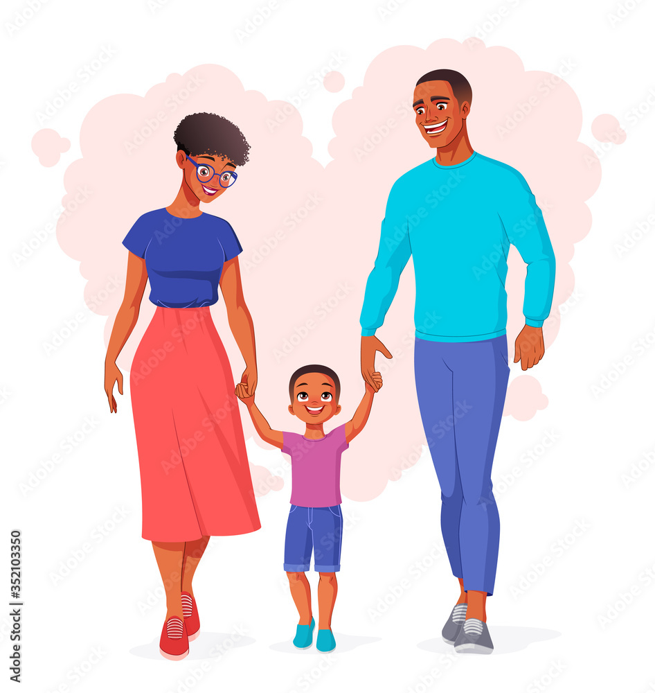 Happy African family holding hands and walking. Vector illustration. Happy African family holding hands and walking. Vector illustration.