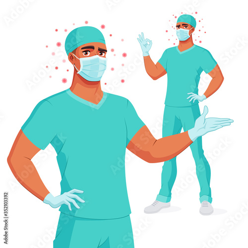 Medical doctor in scrub, mask, gloves presenting and showing OK. Protection from coronavirus. Vector illustration.