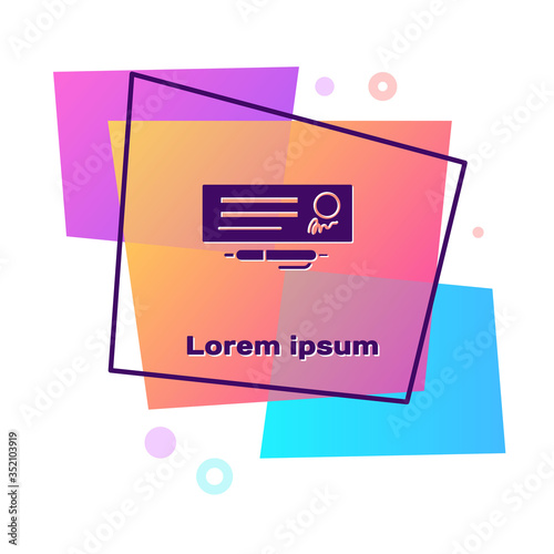 Purple Blank template of the bank check and pen icon isolated on white background. Checkbook cheque page with empty fields to fill. Color rectangle button. Vector