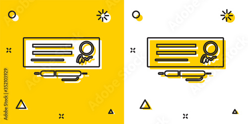 Black Blank template of the bank check and pen icon isolated on yellow and white background. Checkbook cheque page with empty fields to fill. Random dynamic shapes. Vector