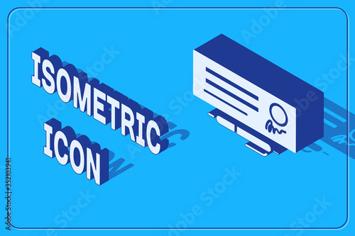 Isometric Blank template of the bank check and pen icon isolated on blue background. Checkbook cheque page with empty fields to fill. Vector