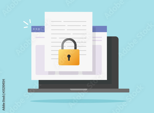 Document secure confidential online access on computer laptop vector isolated or internet web privacy protection on text file flat icon, concept of private secret website data lock image symbol