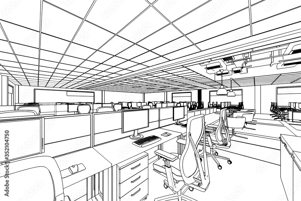 interior outline sketch drawing perspective of a space office