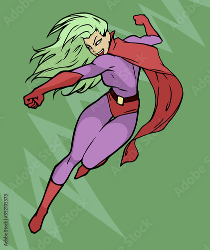Bright and colorful cartoon comic art illustration of funny and cute athletic super lady in a cool costume