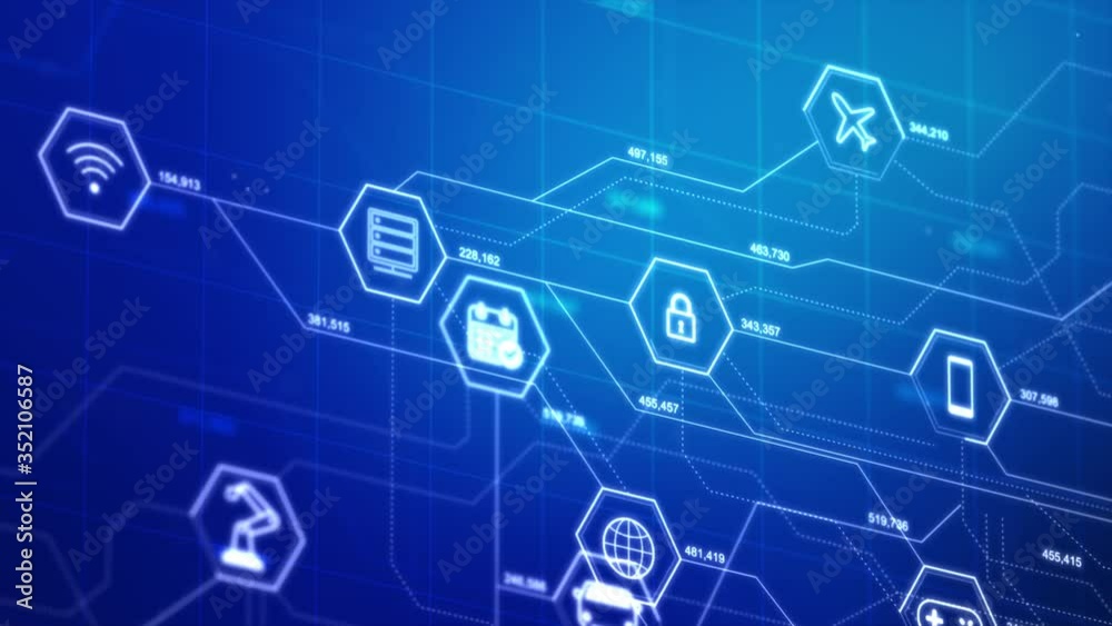 Internet of things icons in a hexagon shape with connection line, for cyber futuristic network and innovation concepton the dark background, shallow depth of field effect with dark and grain processed