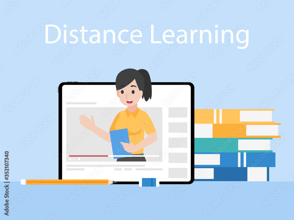 Online Teacher on Tablet monitor teaching education lesson with video tutorial on video blog social media webinar training, Distance Learning Television concept. Online Teacher on Tablet monitor teaching education lesson with video tutorial on video blog social media webinar training, Distance Learning Television concept.