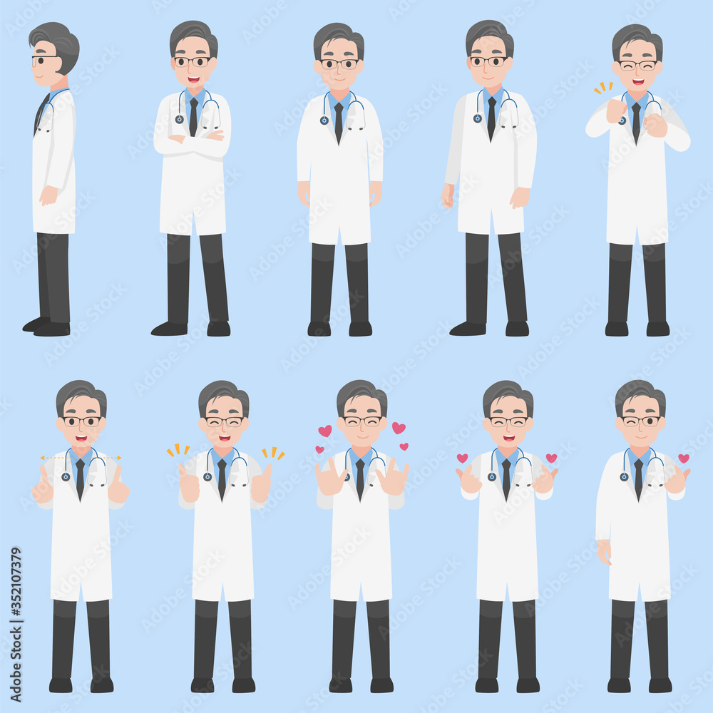 Set of Doctors Character design in various action with emotions Cartoon flat Health care concept. Set of Doctors Character design in various action with emotions Cartoon flat Health care concept.